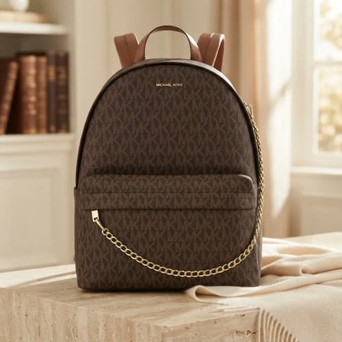 Mochila Michael Kors Slater Média Brown Monograma E Corrente