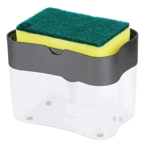 Dispenser Detergente 2 Em 1 Esponja Limpeza Louca Dosador Cinza E Transparente