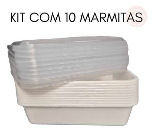 Kit 10 Marmita Delivery Plástica Tampa Branca R21 - 490 Ml