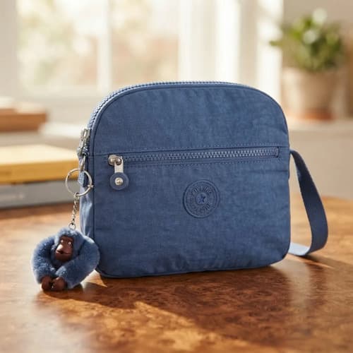 Bolsa Kipling Transversa Keefe 3 Compartimento Bolso Frontal Azul Liso Níquel