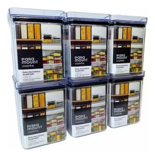 Kit 6 Potes Herméticos 1l Quadrado Acrílico Organiza Armário Transparente